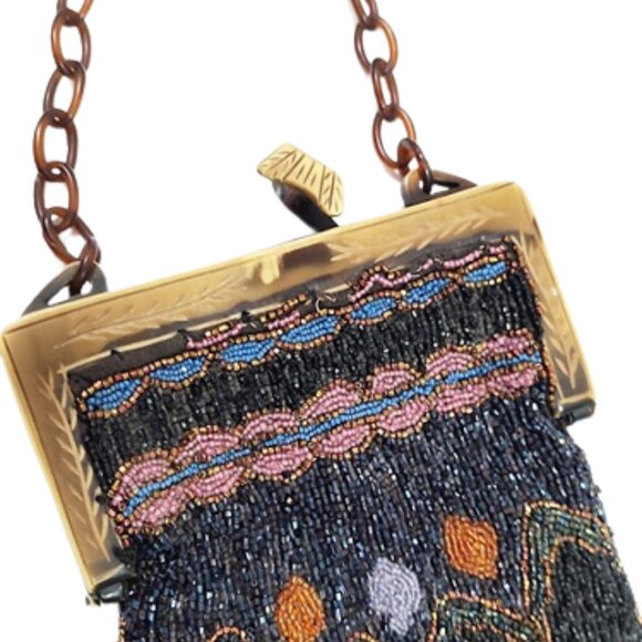 Antique Edwardian 1900s Beaded Handbag With A Carved Celluloid Frame And Handle - Picture 3 of 7